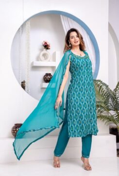 Green Sleeveless Cotton 3 Pc Suit