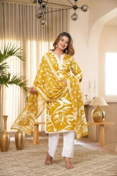 Mustard Yellow Floral Printed Cotton Kurta Set with Dupatta