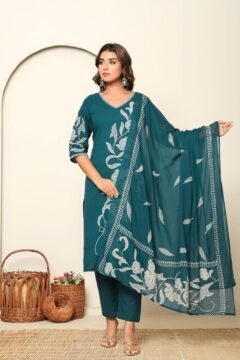 Teal Blue Cotton Embroidered Kurta Set with Dupatta