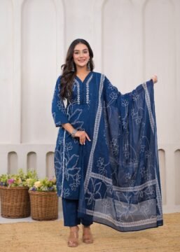 Blue Neck Embroidery Cotton 3PC Dress Suit
