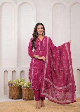 Magenta Neck Embroidery Cotton 3PC Dress Suit