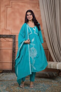 Blue Embroidery 3 Pcs Cotton Suit