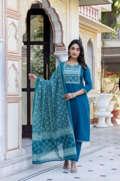 Cotton Printed 3 Pc Suit Blue