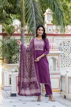 Cotton Printed 3 Pc Suit Purple