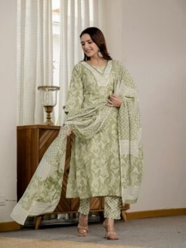 Cotton Printed 3 Pc Suit Light Green