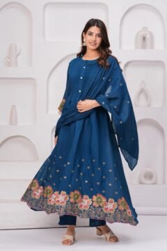 Embroidery Blue Mal Chanderi 3 Pc Suit