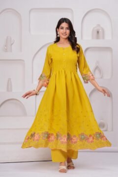 Embroidery Yellow Mal Chanderi 3 Pc Suit
