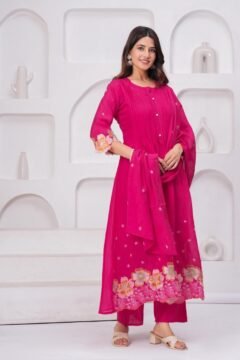 Embroidery Pink Mal Chanderi 3 Pc Suit