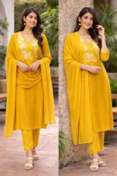 Yellow Suit Embroidery Cotton Silk 3pc Suit