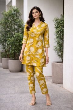 Yellow Printed Cotton Cord Set