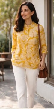Yellow Printed Cotton Short Kurti