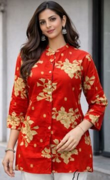 Orange Printed Cotton Short Kurti