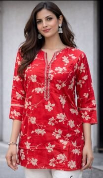 Pink Floral Cotton Short Kurti